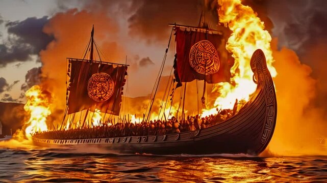 Epic Viking Longship ablaze at Sunset: 10 Top Burning Ship Scenes
