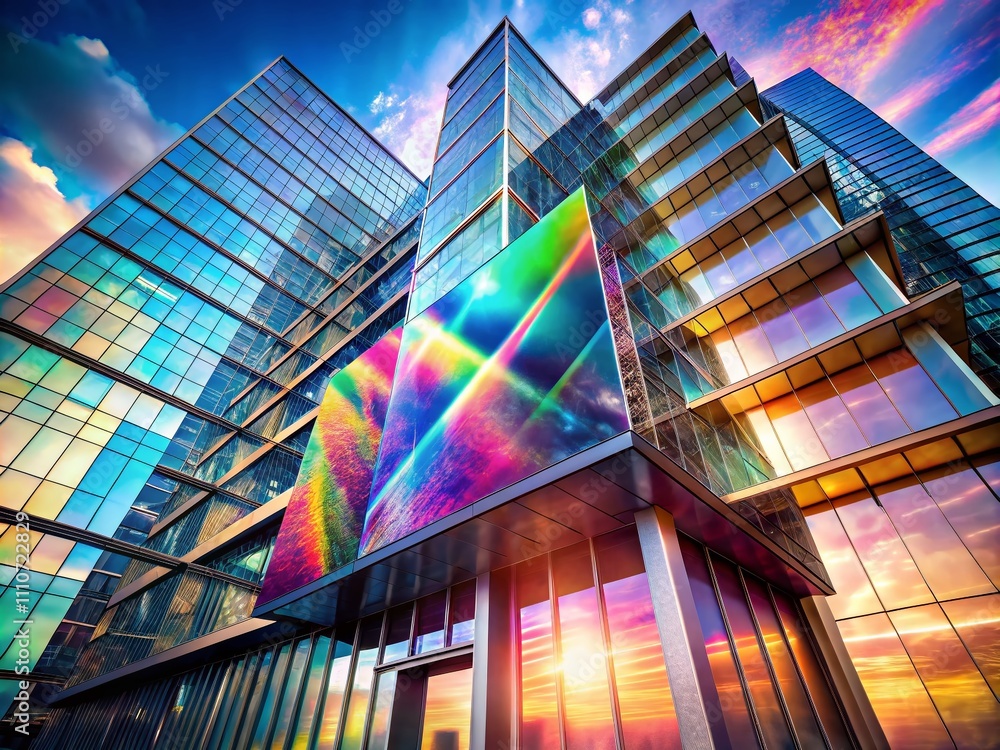 Poster holographic iridescent stacked type poster layout design in a futuristic architectural setting with 