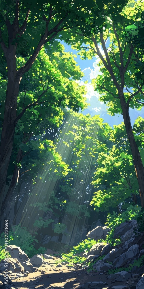 Poster a serene forest path illuminated by sunlight filtering through lush green trees, creating a peaceful