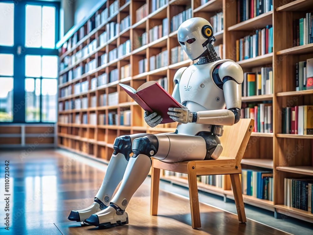 Poster humanoid robot engaged in reading a book in a library: a glimpse into the future of artificial intel