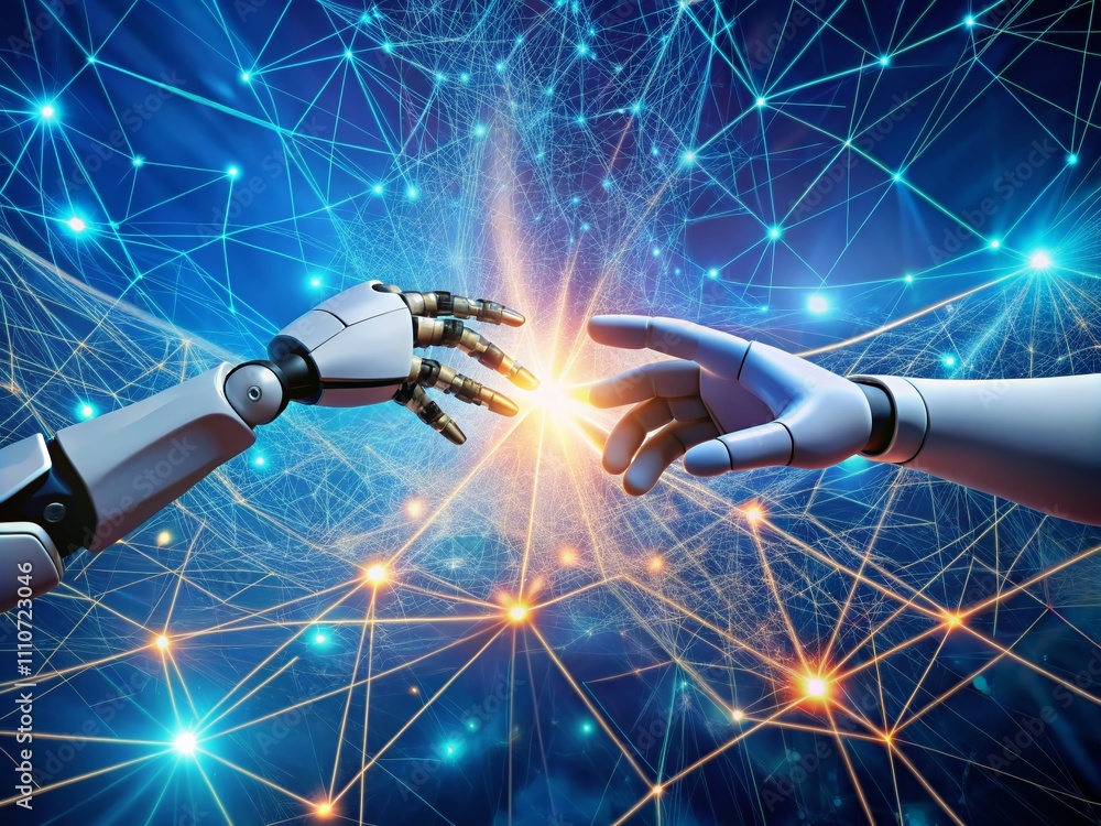 Aufkleber human and robot hands connecting amidst big data network in a futuristic ai landscape showcasing mac