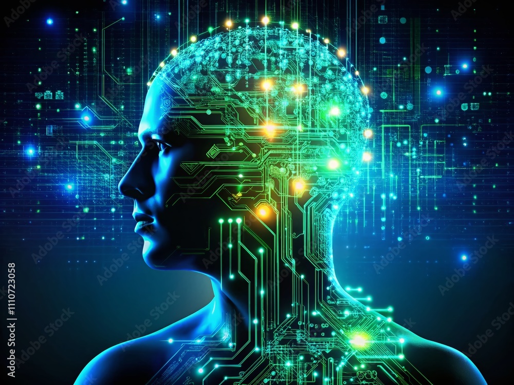 Poster human silhouette of interconnected digital circuits glowing in blue and green shades representing ne