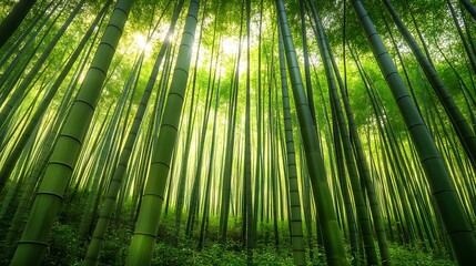 Fototapeta premium A dense bamboo forest with tall, straight stalks reaching toward the sky and dappled sunlight