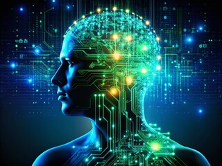 Obraz premium Human Silhouette of Interconnected Digital Circuits Glowing in Blue and Green Shades Representing Neural Networks and Artificial Intelligence Concepts