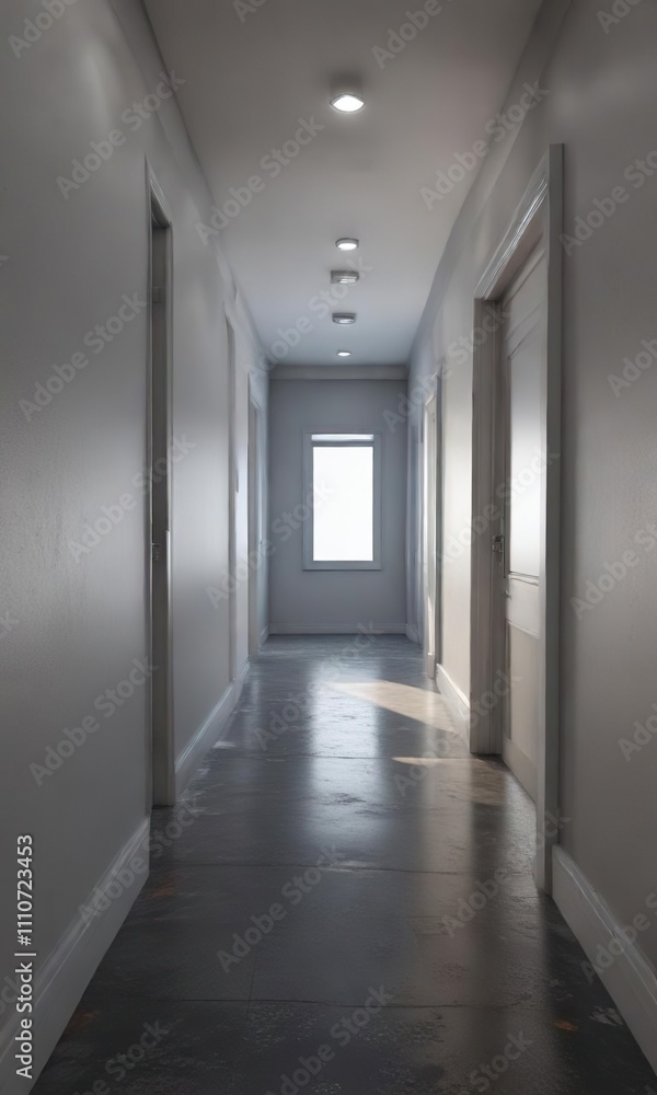 Aufkleber empty corridor with a single window on one side, long corridor, single window