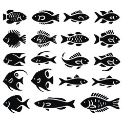 Fototapeta premium Black vector silhouettes set of different fishes on white background. Isolated simple fishes collection. Minimalist design.