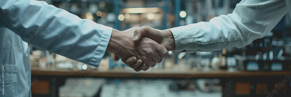 Poster close-up of inspector shaking hands with unrecognizable person in a factory.