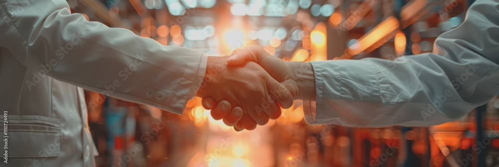 Poster close-up of inspector shaking hands with unrecognizable person in a factory.
