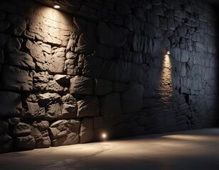 Blackened stone wall accentuated by single bright spotlight, mysterious, dramatic effect, stone wall