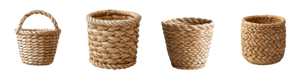Obraz premium Packaging sustainability materials concept. A collection of woven baskets in natural tones, perfect for storage or home decor, showcasing craftsmanship and design.