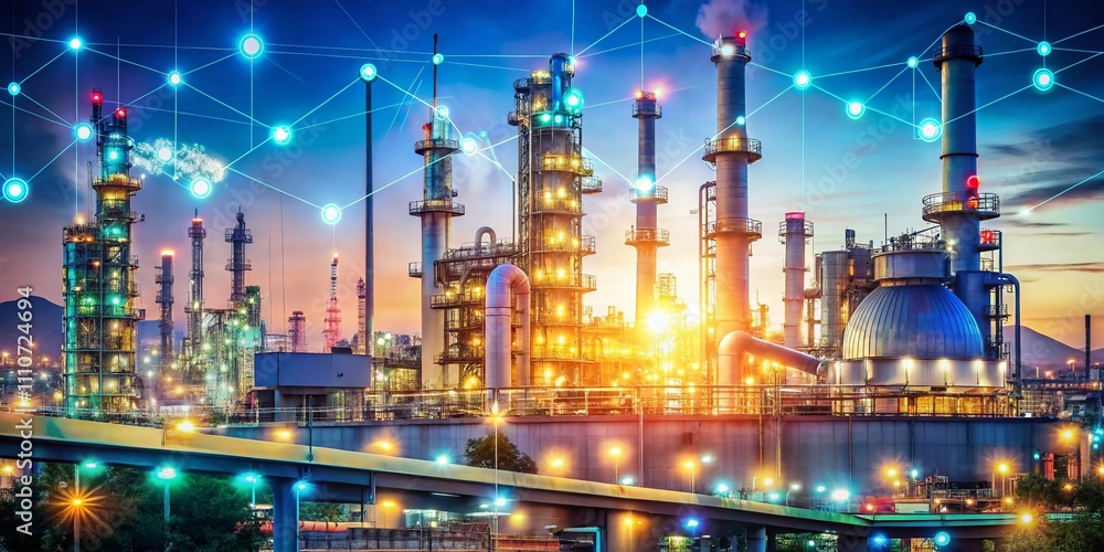 Poster industrial complex with bokeh effect showcasing graphs of production efficiency, profitability, and 