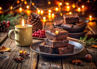 Fototapeta premium Indulgent Plate of Brownies on a Rustic Table Under Soft Night Lighting for a Cozy Atmosphere