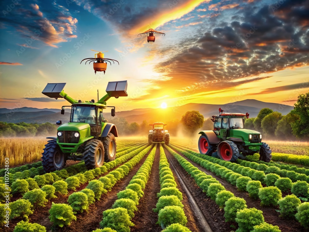 Poster industry 4.0 transport concept: agricultural robots automating crop harvesting with wireless control