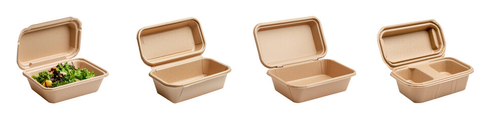 Packaging sustainability materials concept. Eco-friendly disposable food containers perfect for takeout and meal prep, showcasing various sizes and compartments.