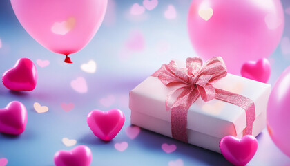 Colorful birthday surprise with pink balloons and hearts