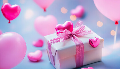 Festive gift box surrounded by pink balloons and hearts
