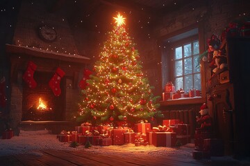 Fototapeta premium A beautifully decorated Christmas tree in a cozy cabin, radiating warmth with glowing lights and festive decorations.