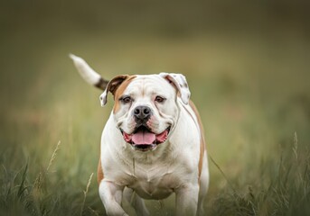 Obraz premium Happy American Bulldog Running in Grass