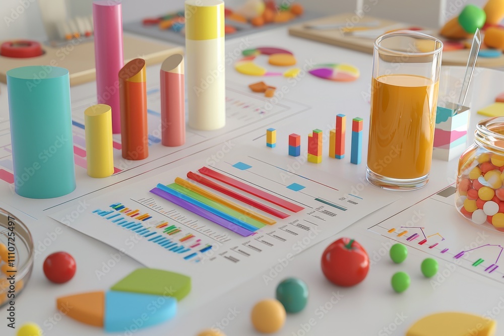 Poster colorful graphs and charts alongside refreshing juice and candies on a light table, ideal for a crea