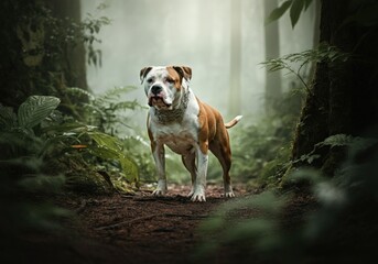Majestic American Bulldog in Misty Forest