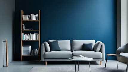 Modern Scandinavian living room with a grey sofa and a book stand against a calming blue wall. Clean, minimalist design with cozy, functional elements