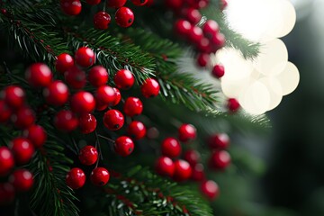 Fototapeta premium Close-up of vibrant red berries on a green pine branch, capturing the holiday spirit with a blurred background.