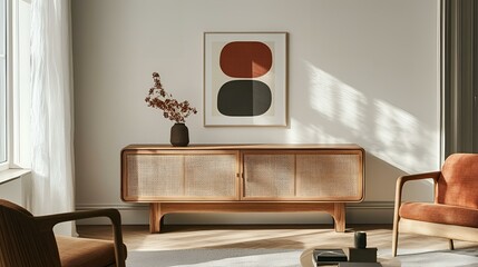 Modern Scandinavian living room with woodcarving details, a sideboard, and cabinet. A mock-up poster on the white wall complements the minimalist decor