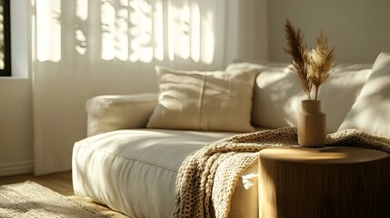 Modern Scandinavian living room with soft cushions, a wooden side table, and a light throw blanket. Sunlight filters in, warming the neutral-toned space