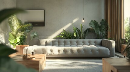 Scandinavian minimalist living room with a gray tufted sofa, surrounded by indoor plants and wooden furniture. Modern, airy design with nature-inspired elements