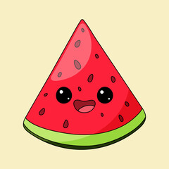Slice of smiling watermelon. Fun colorful and fresh food. Vector illustration on a light background. For posters, advertising, children's books, clothing