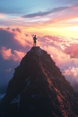 A solitary male hiker stands atop a mountain peak, surrounded by dramatic clouds at sunset, evoking a sense of adventure.