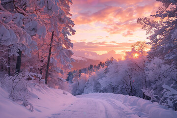 A snowy road with trees in the background and a pink and orange sky