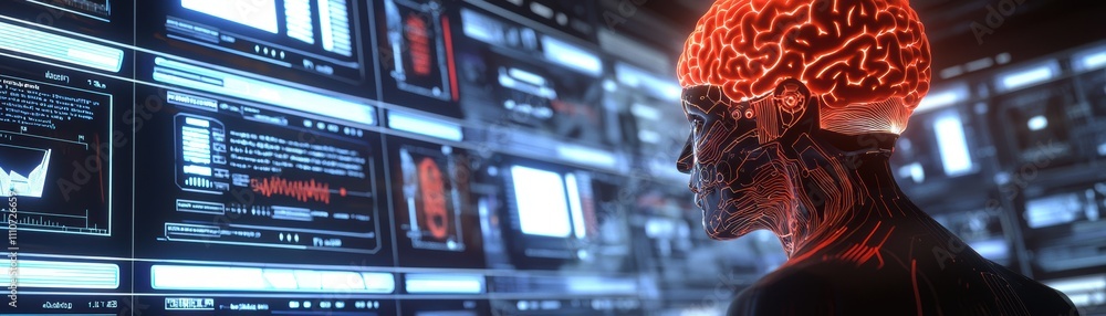 Poster a person with ai brain working on a futuristic screen, creating stunning ai-driven logos at a glowin