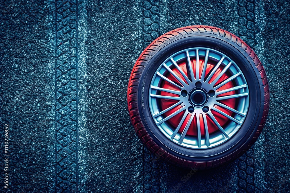 Poster isolated car wheel from above showcasing intricate tread design on textured asphalt track in crisp a