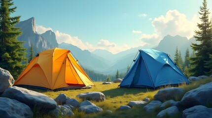 Camping Adventure in Majestic Mountains: Two Tents Await Sunrise