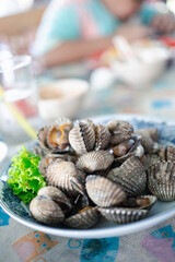 Fresh blood cockle. Boiled cockles are a popular seafood dish eaten in Thailand. Thai style seafood