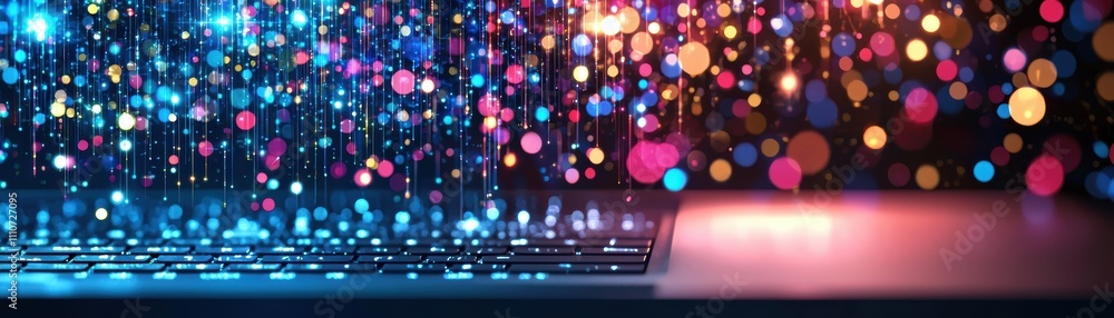 Poster colorful particle background, digital art a virtual ai assistant boosting productivity in a modern e
