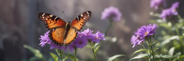 Obraz premium Butterfly and purple flower in a soft focus environment, gentle, nature, flower
