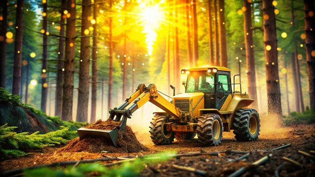 Isolated Forestry Mulching Machine Logo Design with Bokeh Effect for Creative Projects and Branding in the Landscaping and Forestry Industry