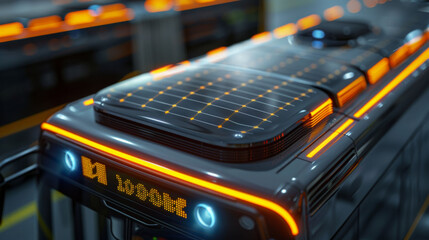 detailed view of solar panel array on bus roof, showcasing modern technology and sustainability. vibrant orange lights enhance futuristic design