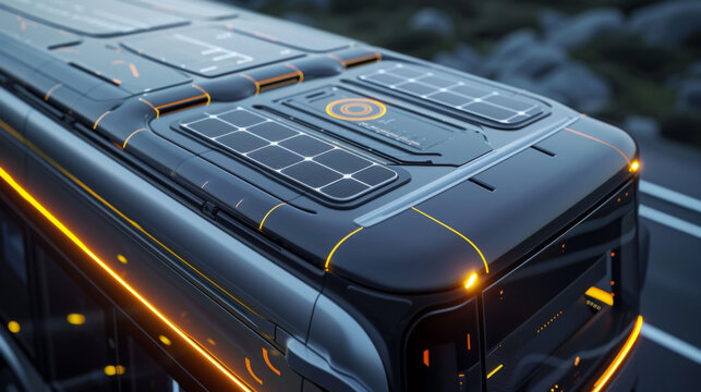 detailed view of modern bus roof featuring solar panels, showcasing innovative technology and sleek design. bus is illuminated with vibrant lights, emphasizing its futuristic appeal
