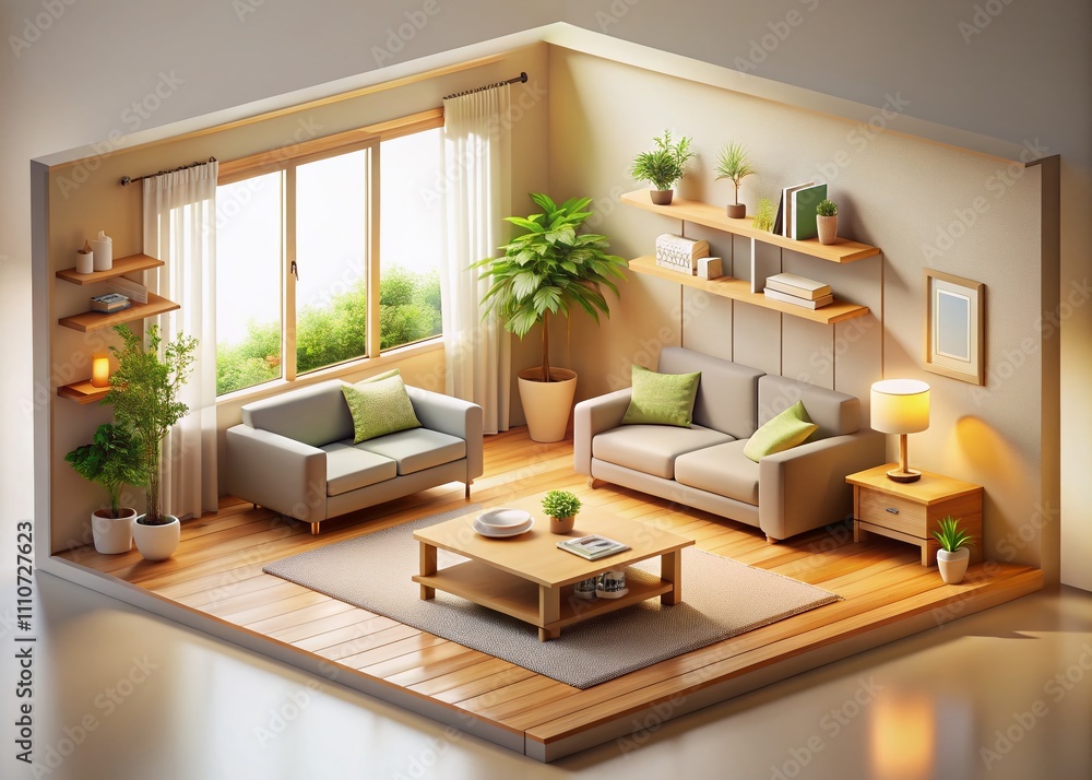 Poster isometric view of a muji style living room: open interior architecture 3d rendering with natural lig
