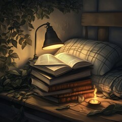 A serene reading nook with stacked books, a warm candle, and soft lighting, creating a cozy ambiance.