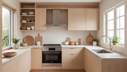 Stylish Small Kitchen with Ash Wood Cabinets, White Quartz, and Minimalist Open Shelving
