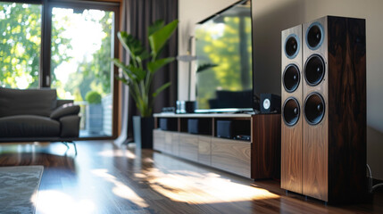 modern living room featuring surround sound speaker system, large TV, and stylish furniture. natural light enhances warm wood tones and greenery, creating cozy atmosphere