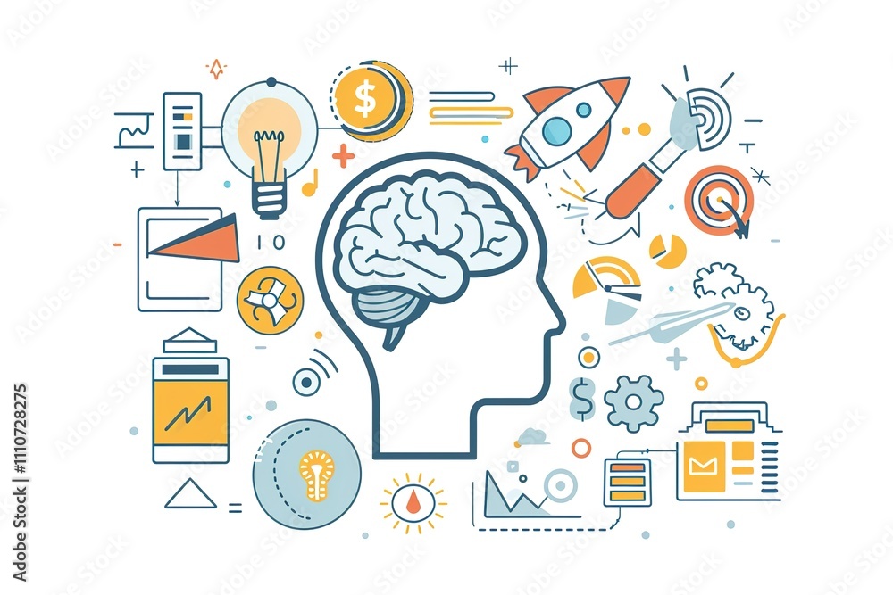 Poster a man's head with a brain on it surrounded by various symbols and numbers