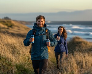 A smiling Caucasian man and woman enjoy a scenic walk along the beach, holding drinks amidst golden grass and waves.