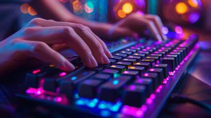 Hands rapidly moving on gaming keyboard with colorful backlighting, showcasing excitement of gaming. vibrant lights create dynamic atmosphere