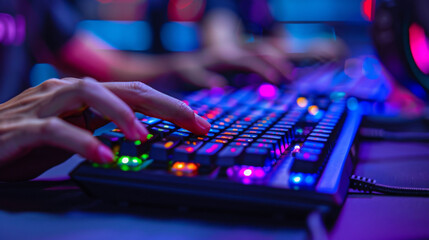 Hands rapidly moving on colorful gaming keyboard, showcasing vibrant lights and dynamic action. atmosphere is energetic and immersive, perfect for gaming enthusiasts
