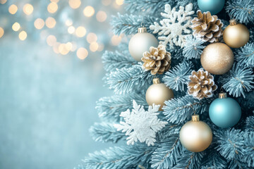Christmas background. Christmas tree and decorations on bokeh background.